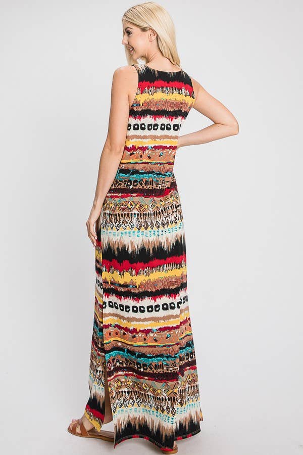 Tribal Print Maxi Dress With Magenta Accents