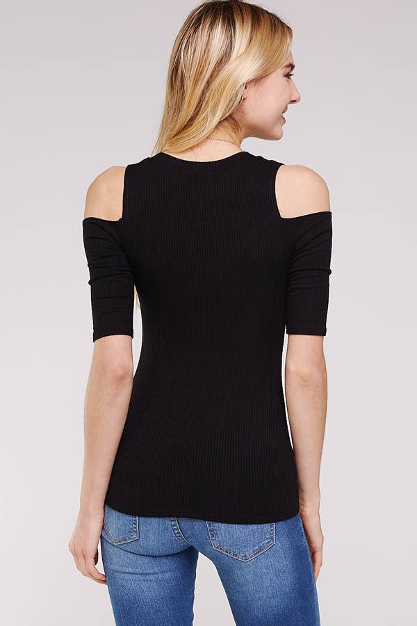 Soft Ribbed Cold Shoulder Fitted Knit Top - Black