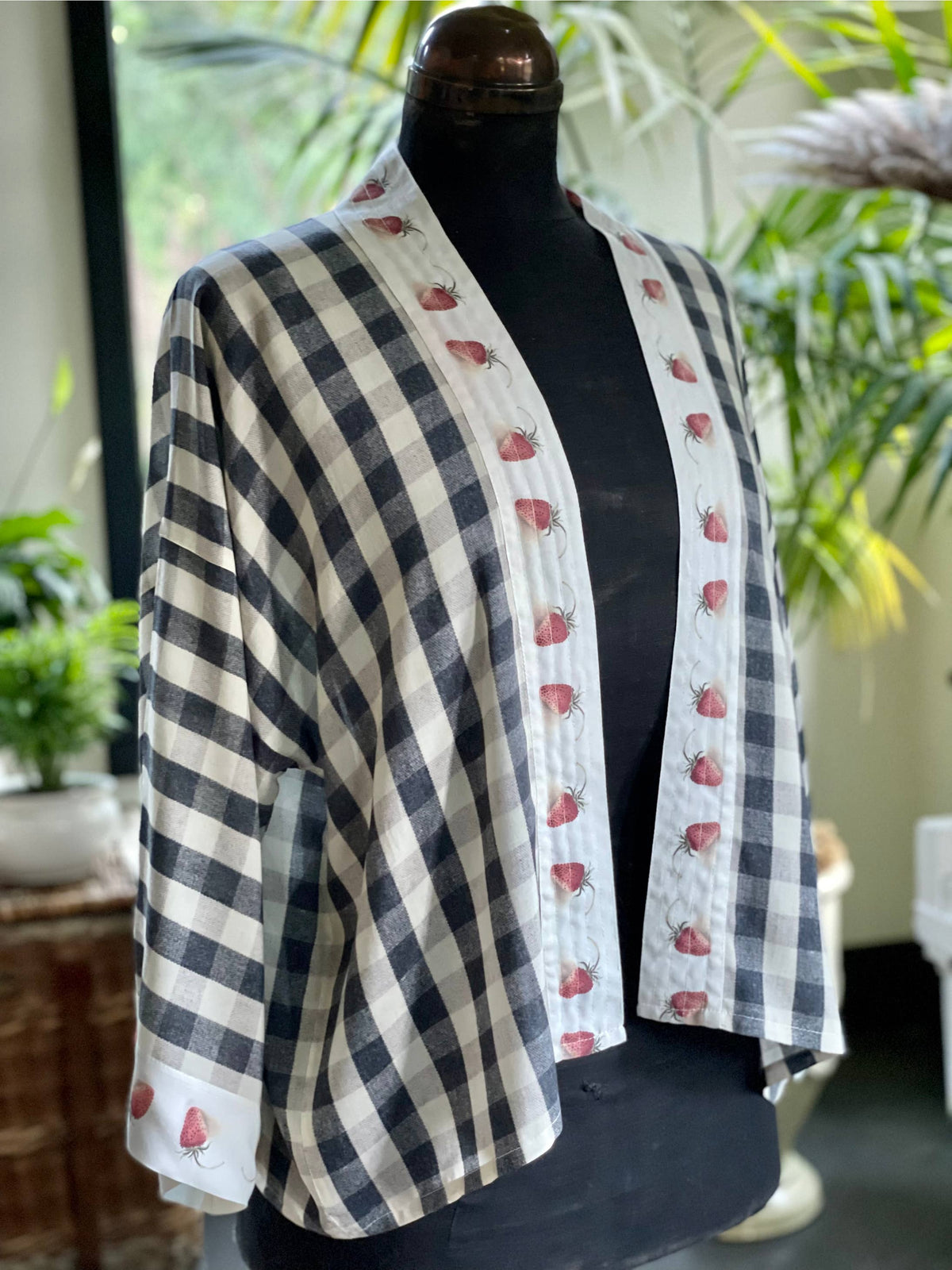 Happy Days Gingham and Stawberries Cropped Bamboo Kimono