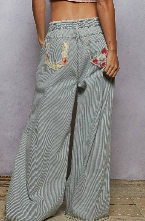 Vintage washed elastic band striped denim pants