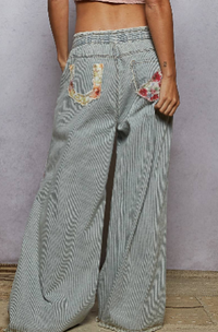 Vintage washed elastic band striped denim pants