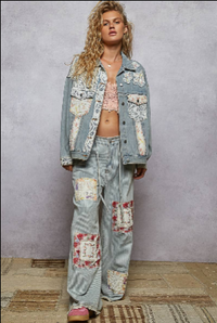 Vintage washed elastic band striped denim pants