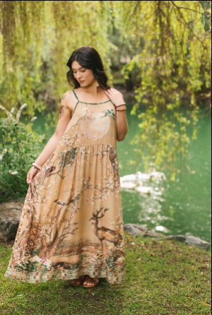 Fable Bohéme Long Maxi Slip Dress w/ Blossoms, Deer & Moon