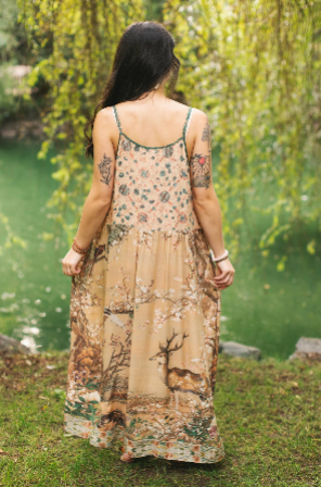 Fable Bohéme Long Maxi Slip Dress w/ Blossoms, Deer & Moon