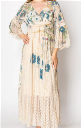 4658 Long Dress Beige Jade Floral