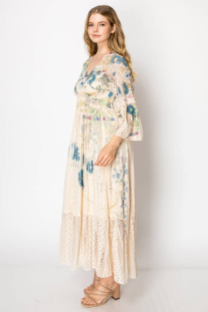 4658 Long Dress Beige Jade Floral