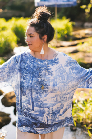 Let The Light In Luxe Tee Tunic Shirt w/ Blue Delft Toile