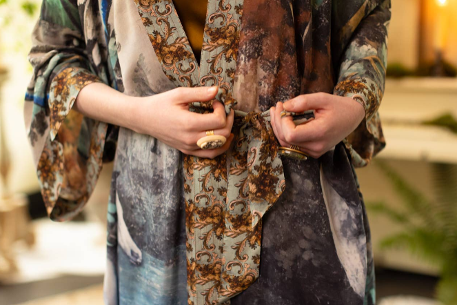 Theatre of Dreams Long Duster Bamboo Kimono Robe with Deer