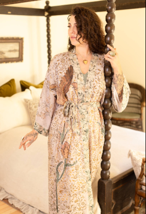 Folklore Bamboo Floral Bird Kimono Duster Robe