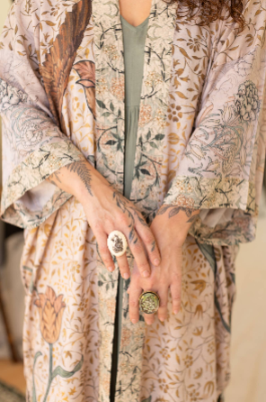 Folklore Bamboo Floral Bird Kimono Duster Robe