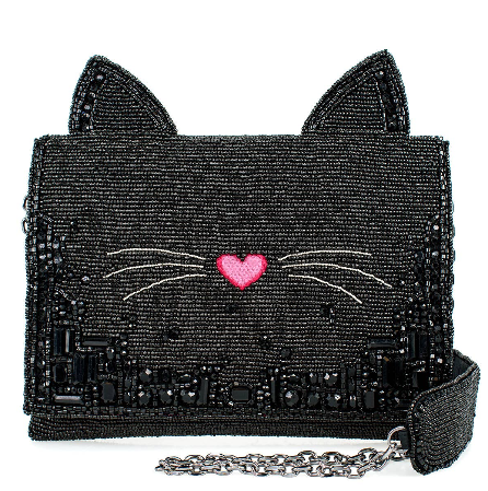 Kitty Couture Black and Pink Beaded Cat Crossbody Handbag
