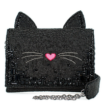 Kitty Couture Black and Pink Beaded Cat Crossbody Handbag