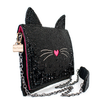 Kitty Couture Black and Pink Beaded Cat Crossbody Handbag