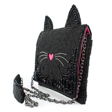 Kitty Couture Black and Pink Beaded Cat Crossbody Handbag