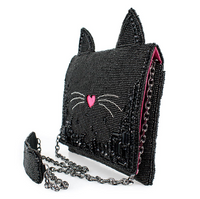 Kitty Couture Black and Pink Beaded Cat Crossbody Handbag