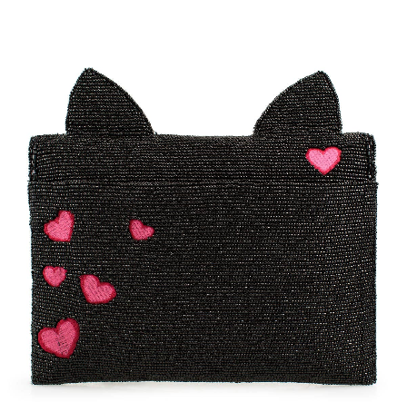 Kitty Couture Black and Pink Beaded Cat Crossbody Handbag