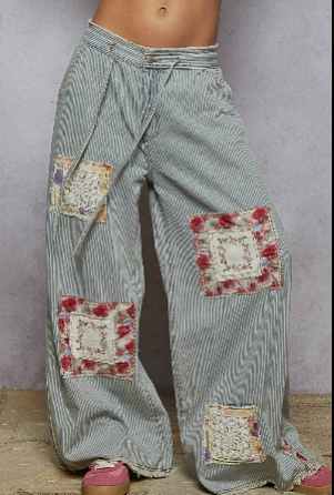Vintage washed elastic band striped denim pants