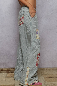 Vintage washed elastic band striped denim pants
