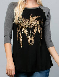 Longhorn Gold Ink Raglan 3/4 Sleeve Top