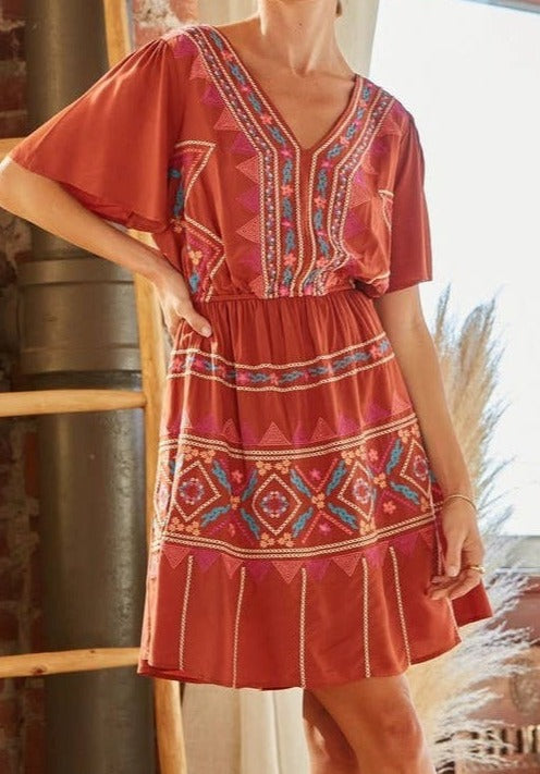 Embroidered Fluttered-Sleeve Dress