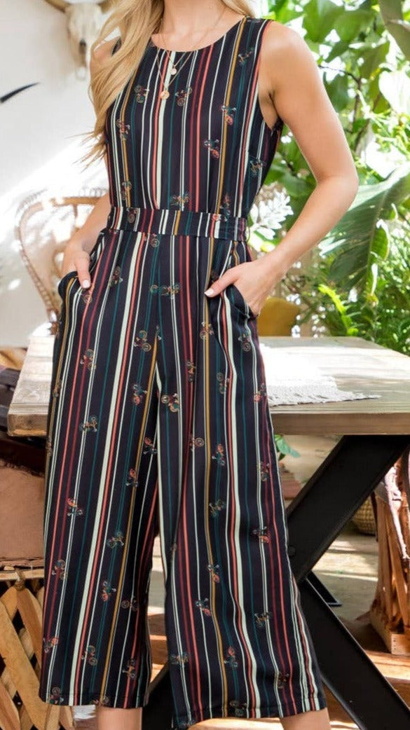All Over Variegated Print Jumpsuit With Tie & Pocket