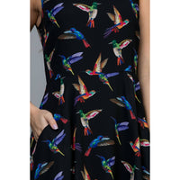 Black Hummingbird Dress With Pockets & A Zippered Back