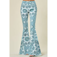 Medallion Printed Distressed Bell Bottom Flares