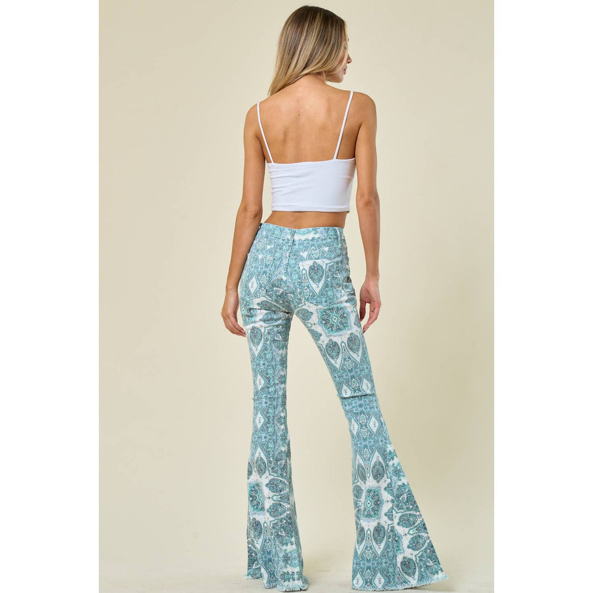 Medallion Printed Distressed Bell Bottom Flares