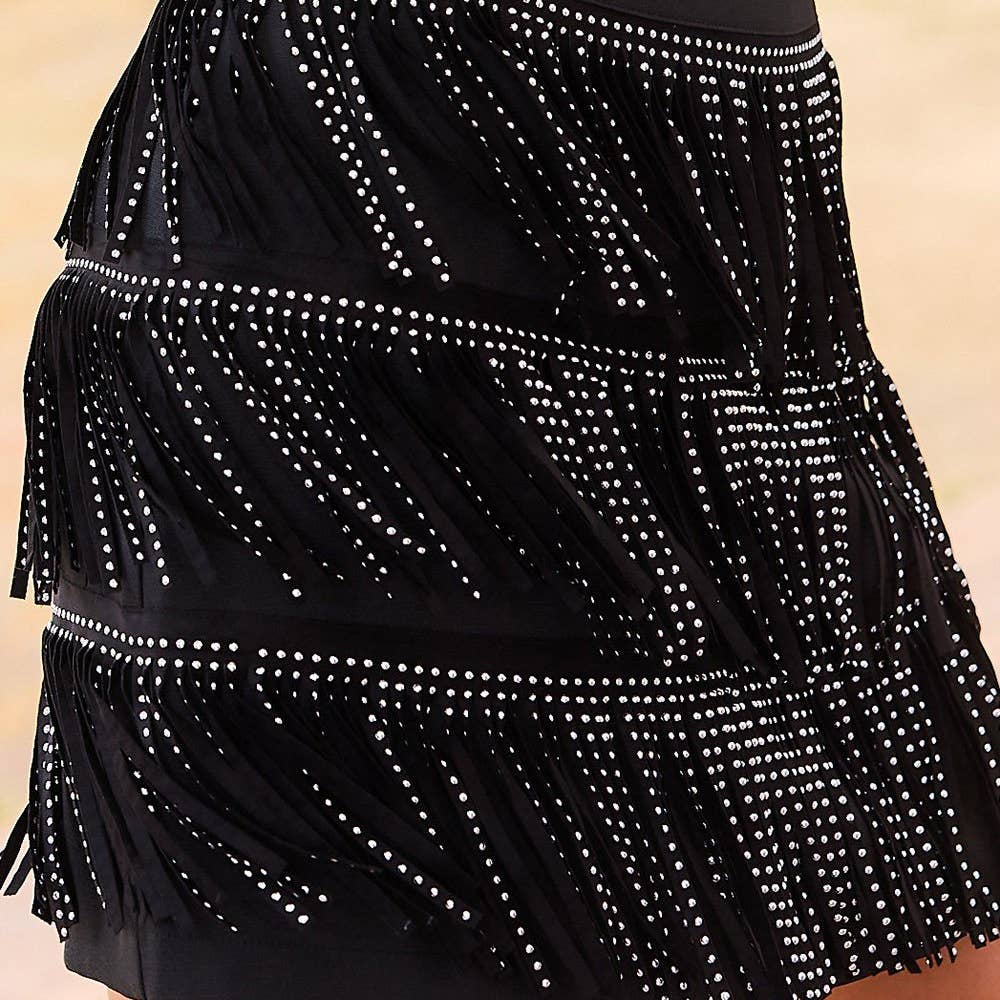 Black Side Zipper, Stud Fringe Tiered Skirt