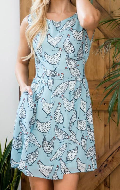 Chicken Pattern Dress With A Bow-Tie Back & Pockets!