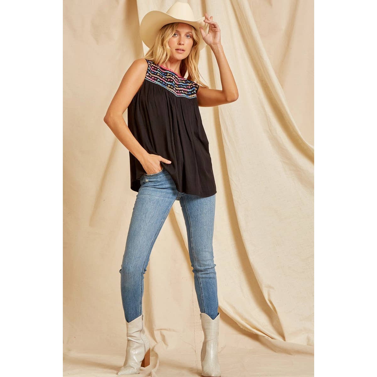 Black Woven Embroidered Tunic Top