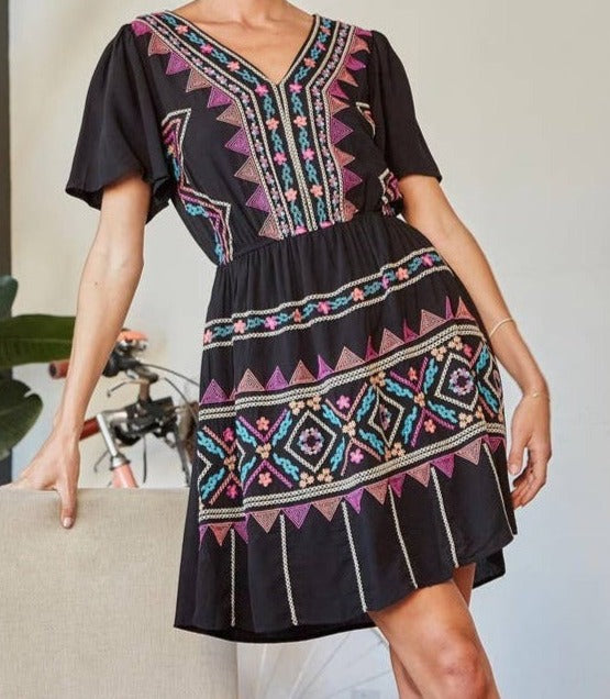 Embroidered Fluttered-Sleeve Dress