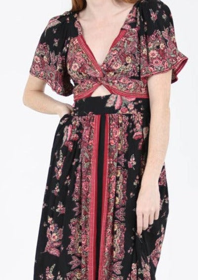 Tribal Print Maxi Dress With Magenta Accents