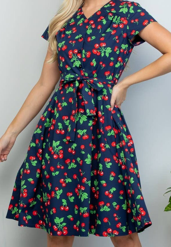 Cherry Green Leaf Printed Knee Length Dress XL